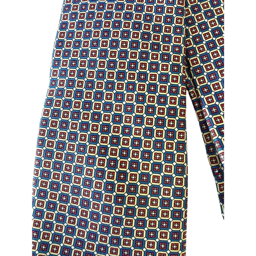 Etienne Aigner Men's 100% Silk Tie Blue‎ Red Yellow Geometric Medallion USA
